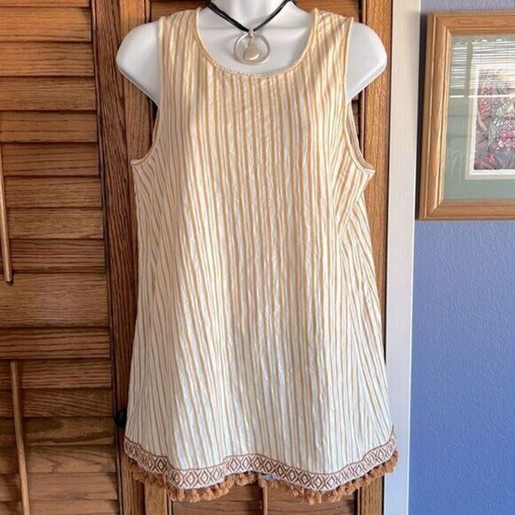 W5 Anthropologie Gold Stripe Tunic Tank Pom Pom Ribbon Hem Detail L - Picture 1 of 10